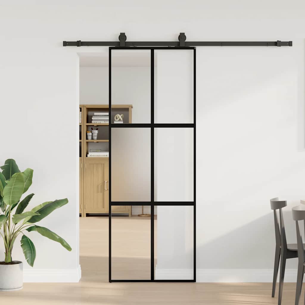 vidaXL Sliding Door with Hardware Set Black 76x205 cm Tempered Glass 1