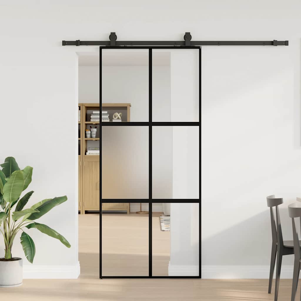 vidaXL Sliding Door with Hardware Set Black 90x205 cm Tempered Glass 1
