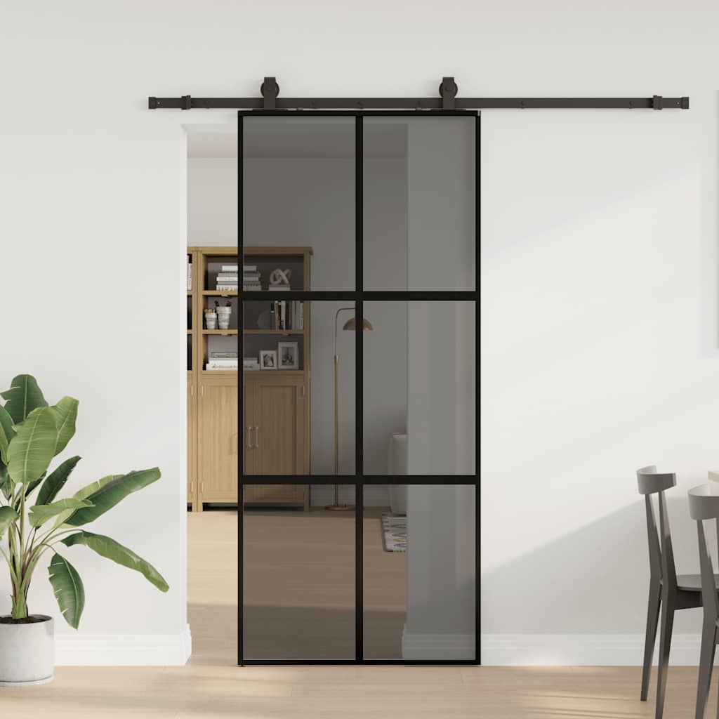 Sliding Door with Hardware Set Black 76x205 cm Tempered Glass 4x2 grids Black and dark transparent 90 cm 200 cm sliding rail