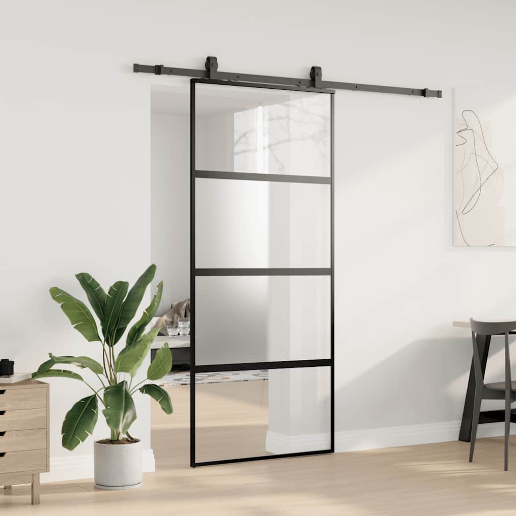 vidaXL Sliding Door with Hardware Set Black 90x205 cm Tempered Glass 3