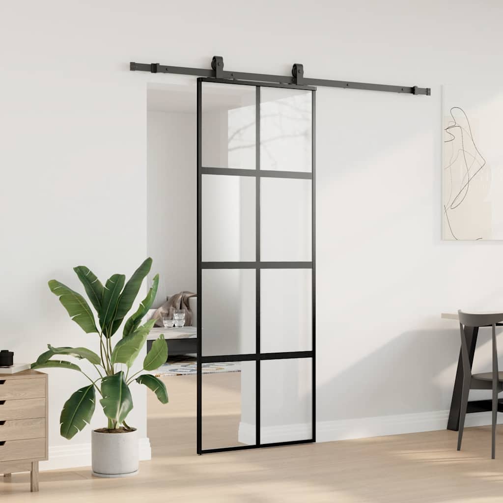 vidaXL Sliding Door with Hardware Set Black 76x205 cm Tempered Glass 3