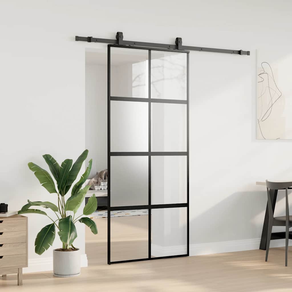 vidaXL Sliding Door with Hardware Set Black 90x205 cm Tempered Glass 3