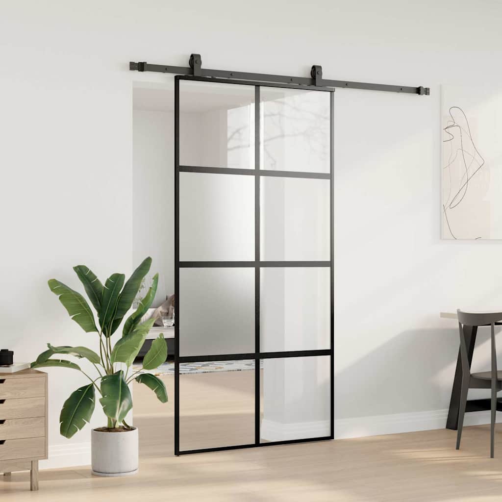 Sliding Door with Hardware Set Black 76x205 cm Tempered Glass Black and matt 102.5 cm Frosted