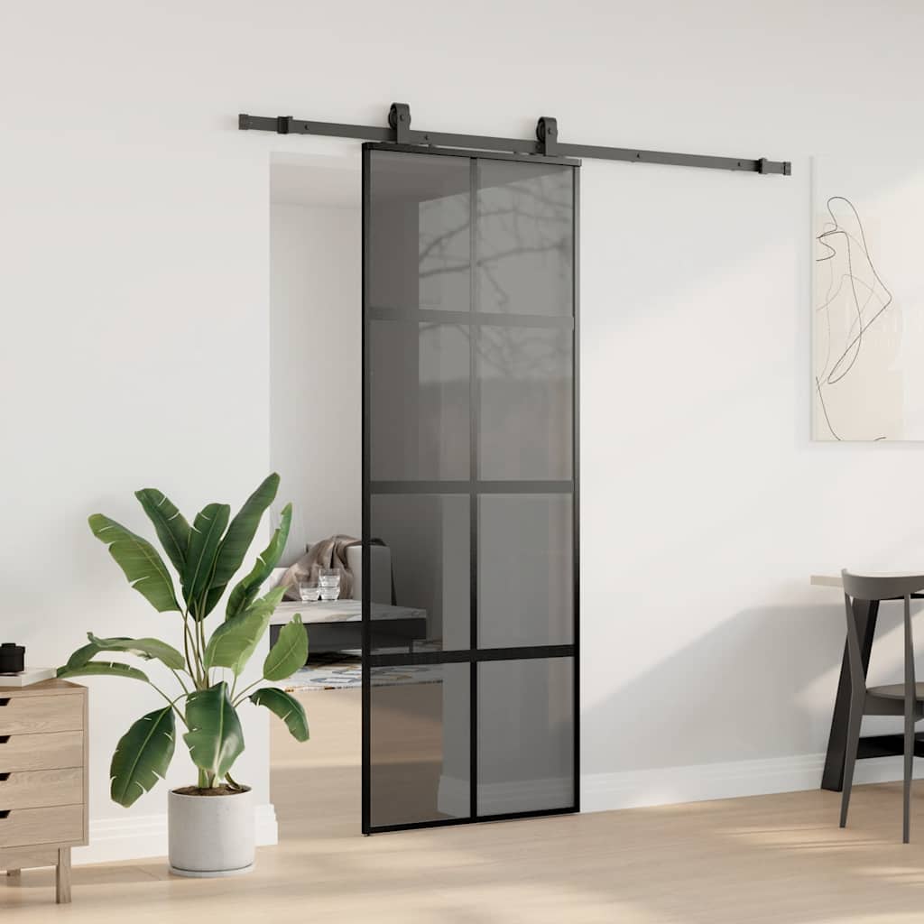 Sliding Door with Hardware Set Black 76x205 cm Tempered Glass Black and matt 76 cm Transparent