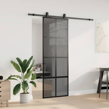 Sliding Door with Hardware Set Black 76x205 cm Tempered Glass Black and matt 76 cm Transparent