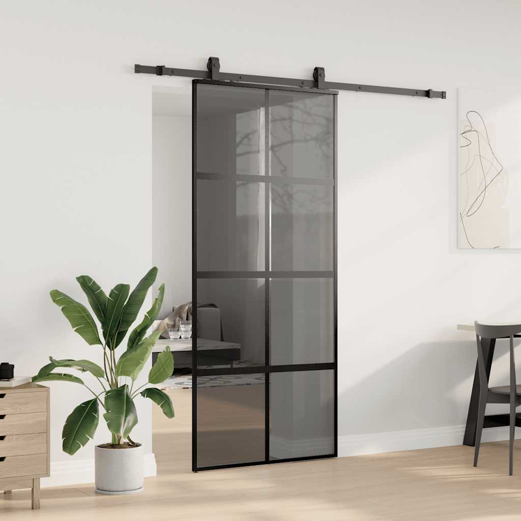 Sliding Door with Hardware Set Black 76x205 cm Tempered Glass Black and matt 90 cm Transparent