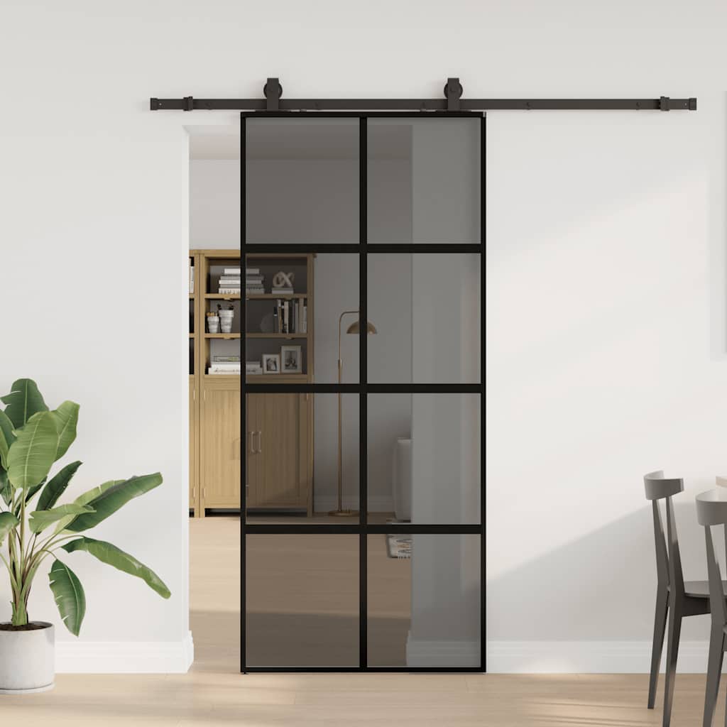 Sliding Door with Hardware Set Black 76x205 cm Tempered Glass Black and matt 90 cm Transparent