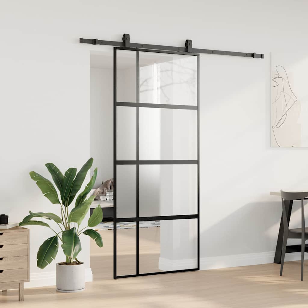 vidaXL Sliding Door with Hardware Set Black 90x205 cm Tempered Glass 3