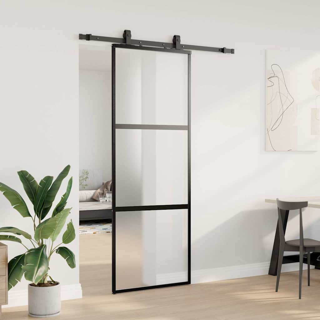 vidaXL Sliding Door with Hardware Set Black 76x205 cm Tempered Glass 3