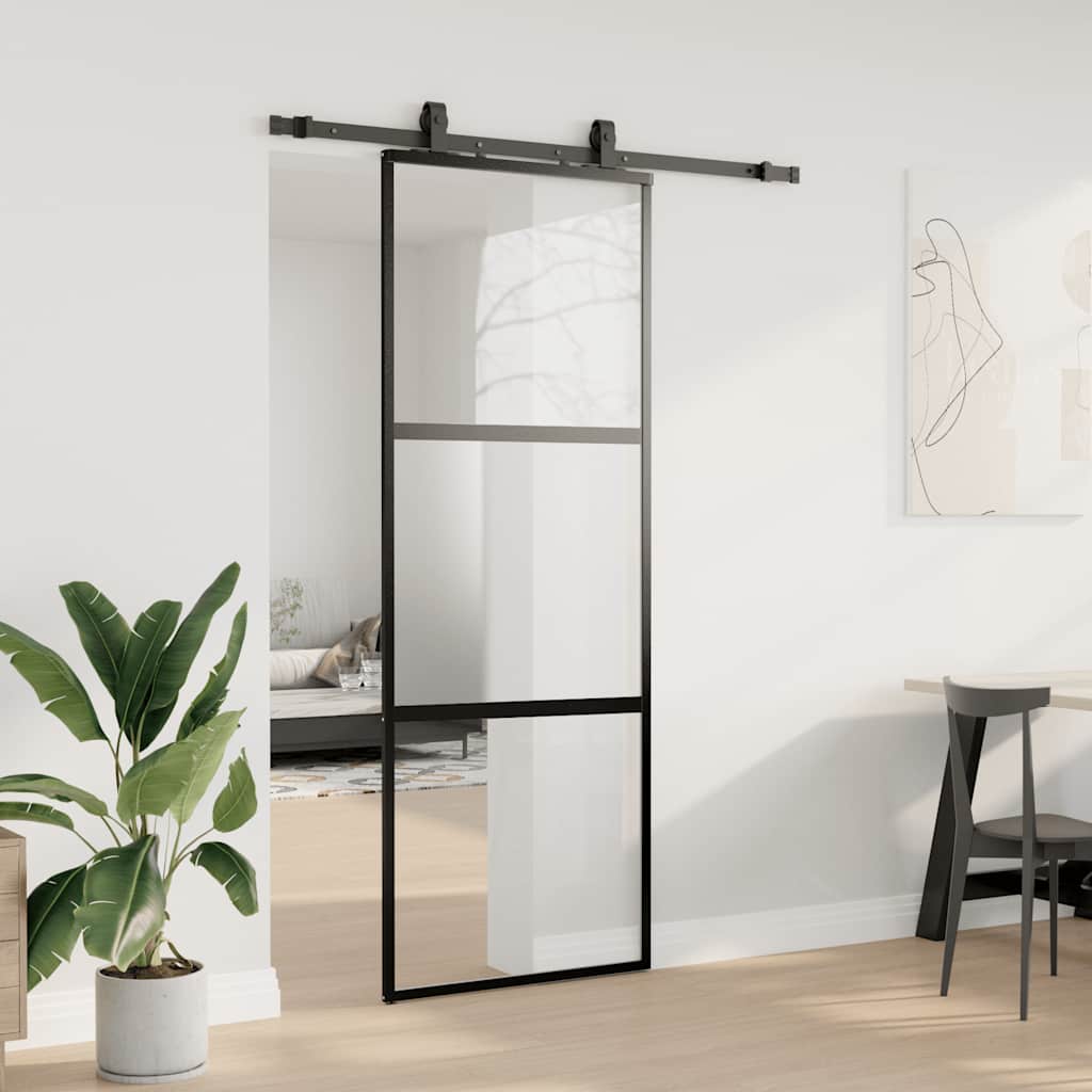 vidaXL Sliding Door with Hardware Set Black 76x205 cm Tempered Glass 3