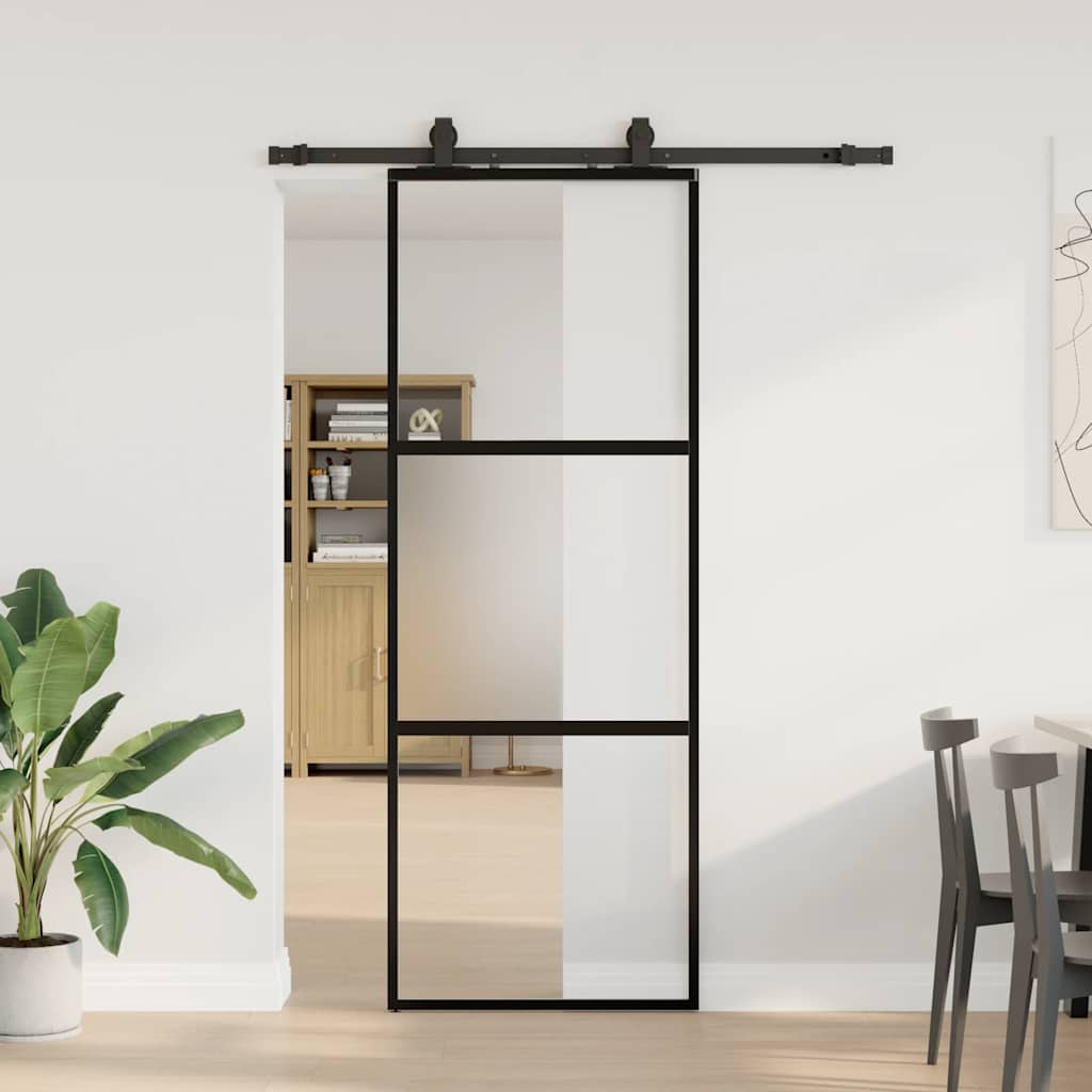 vidaXL Sliding Door with Hardware Set Black 76x205 cm Tempered Glass 1