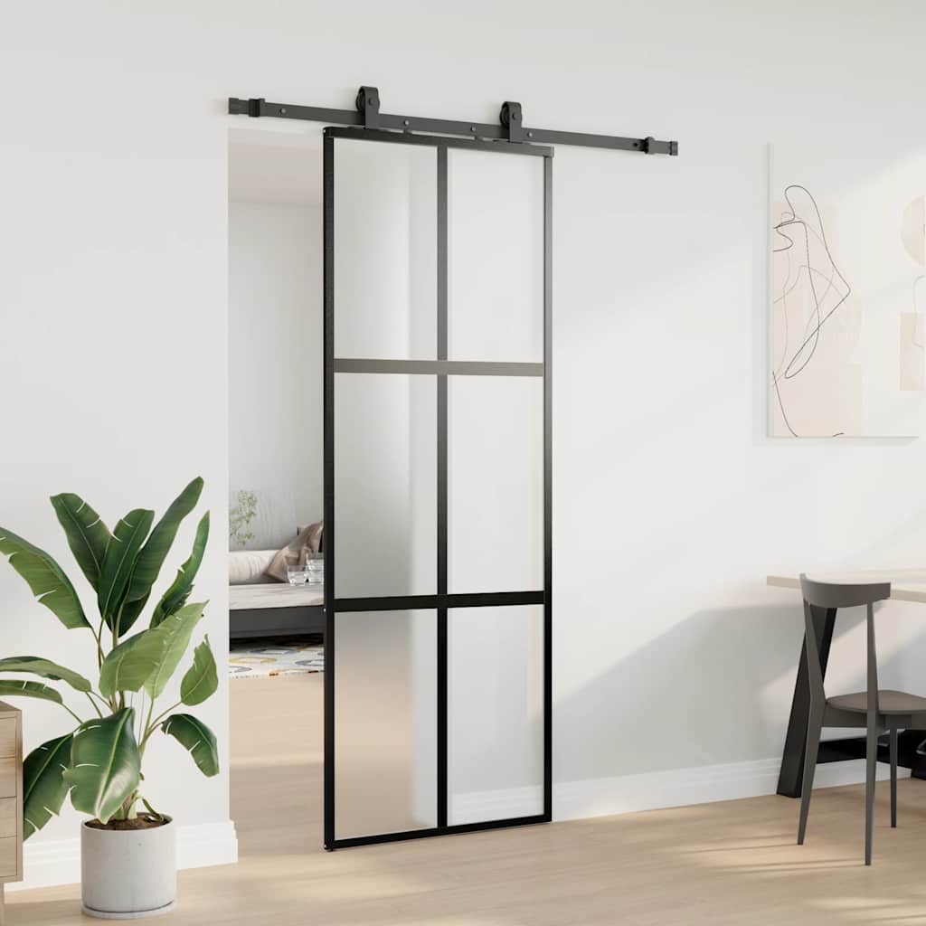 vidaXL Sliding Door with Hardware Set Black 76x205 cm Tempered Glass 3