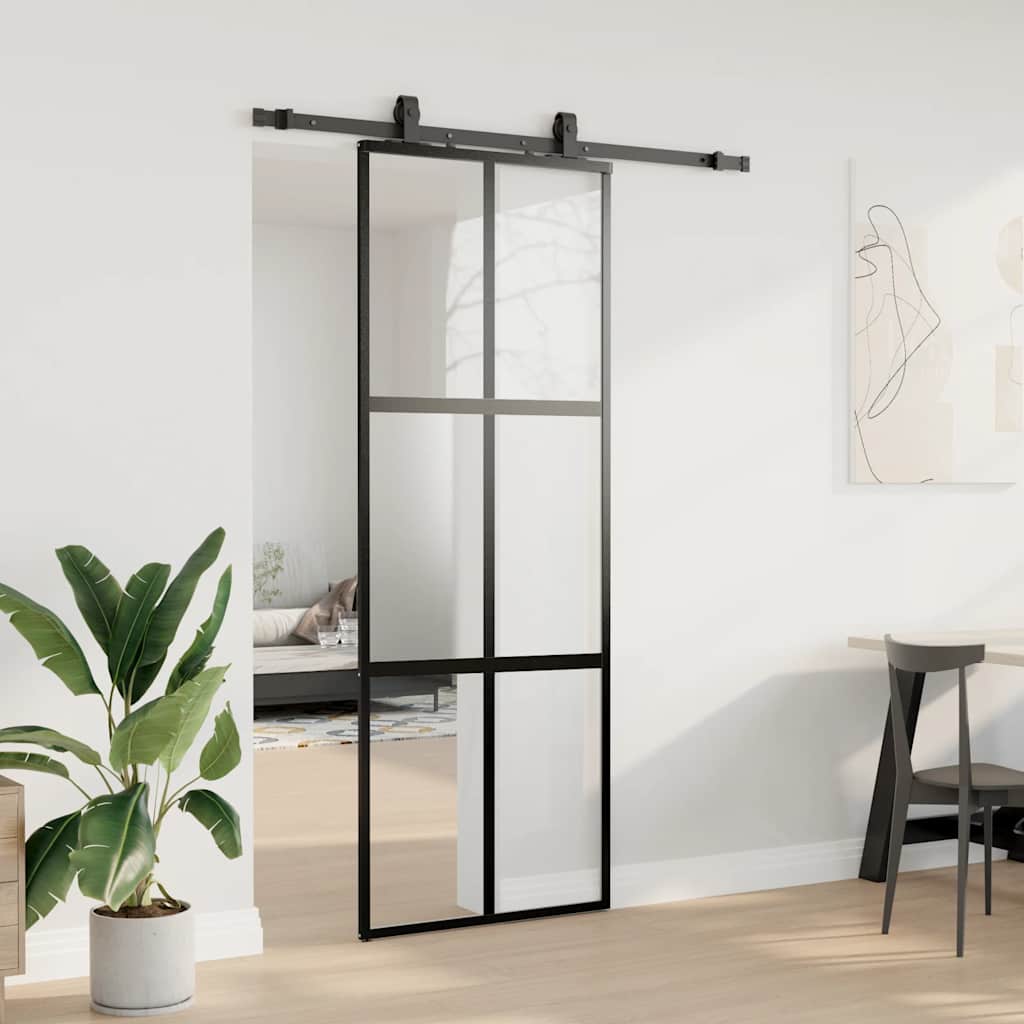 vidaXL Sliding Door with Hardware Set Black 76x205 cm Tempered Glass 3