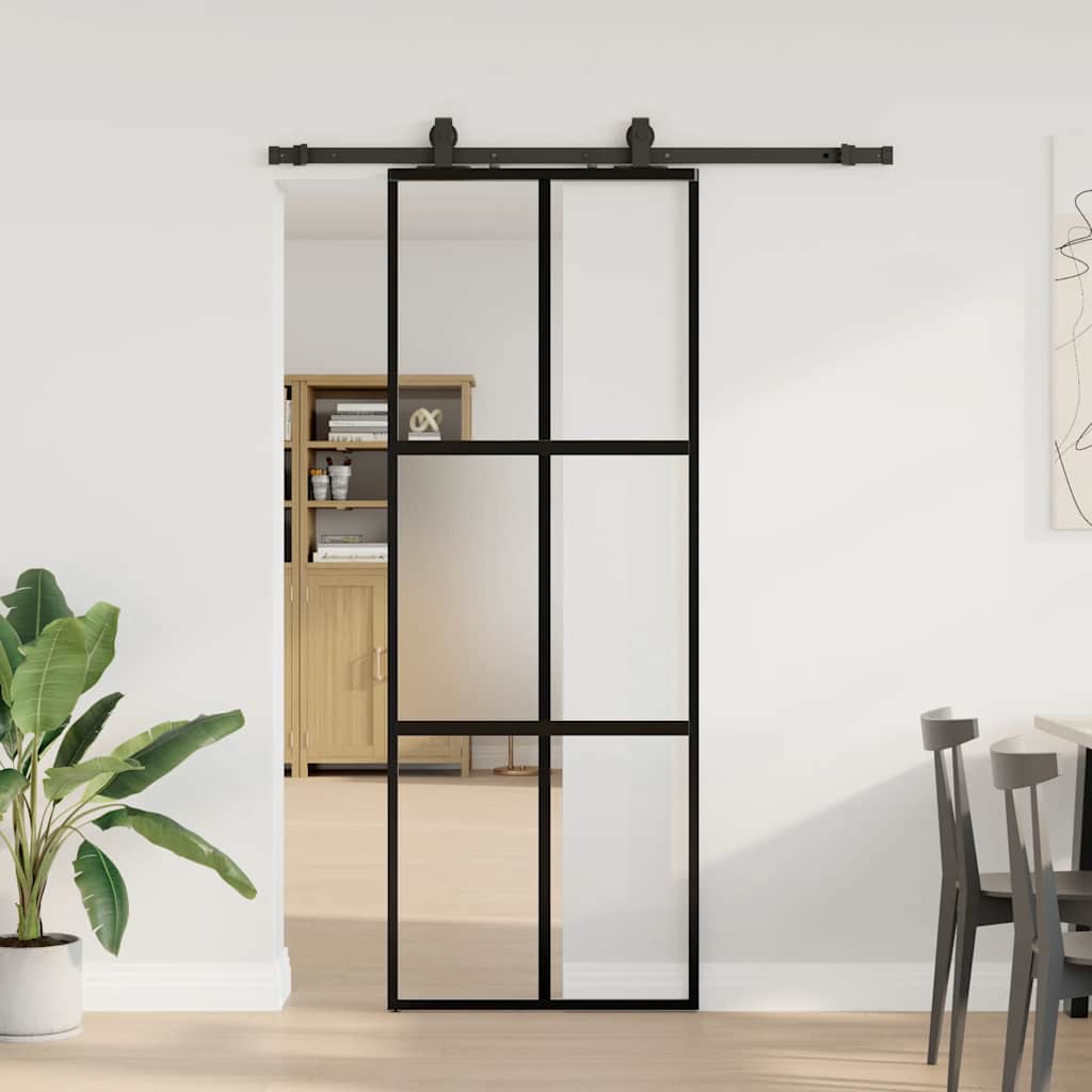 vidaXL Sliding Door with Hardware Set Black 76x205 cm Tempered Glass 1