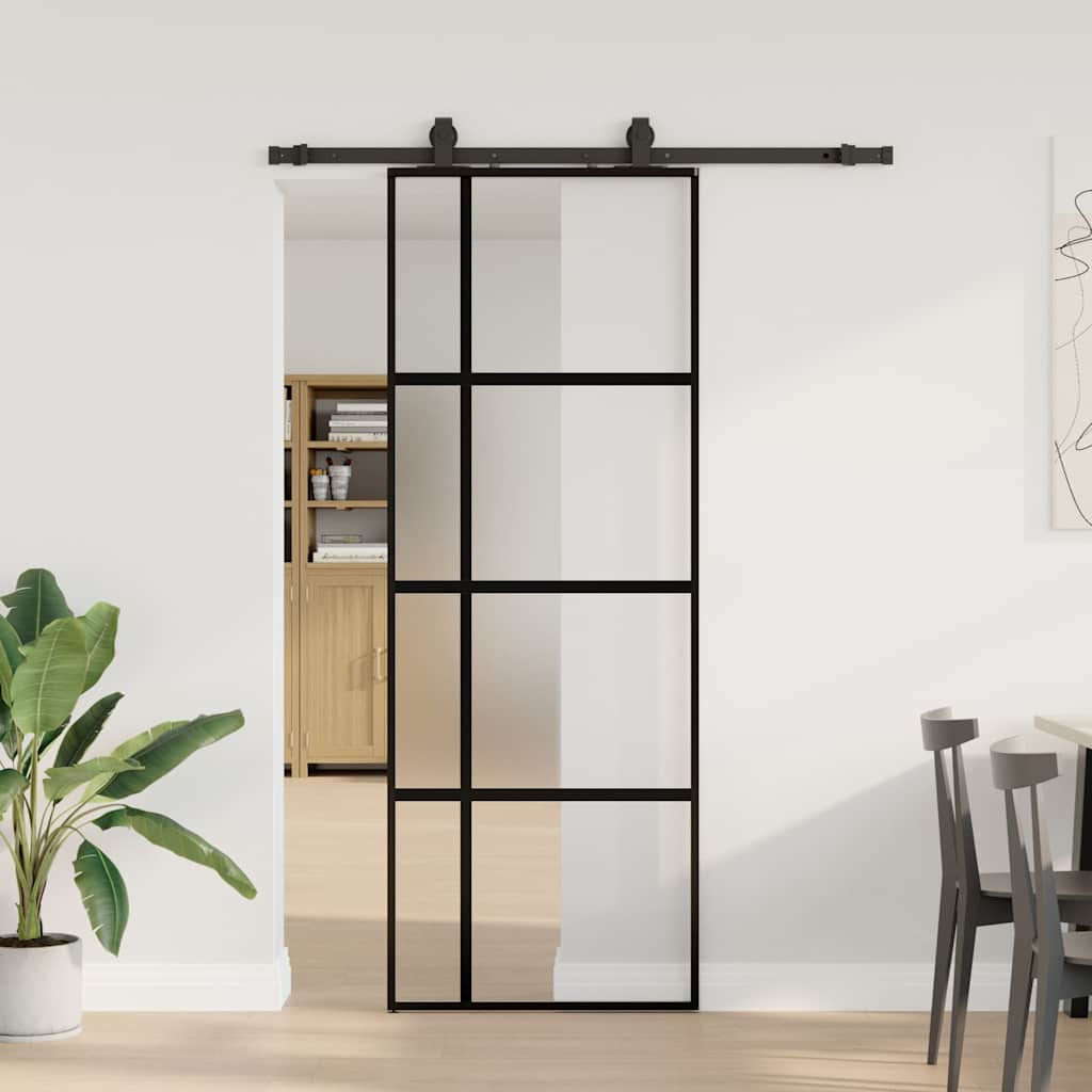 Sliding Door with Hardware Set Black 76x205 cm Tempered Glass 76 cm 152,5 cm sliding rail