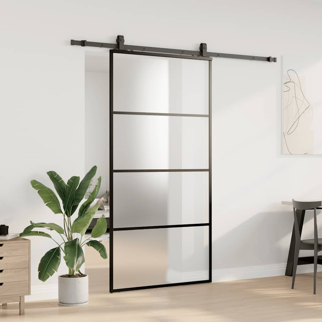 Sliding Door with Hardware Set 76x205 cm ESG Glass Black 102.5 cm 213 cm sliding rail Frosted