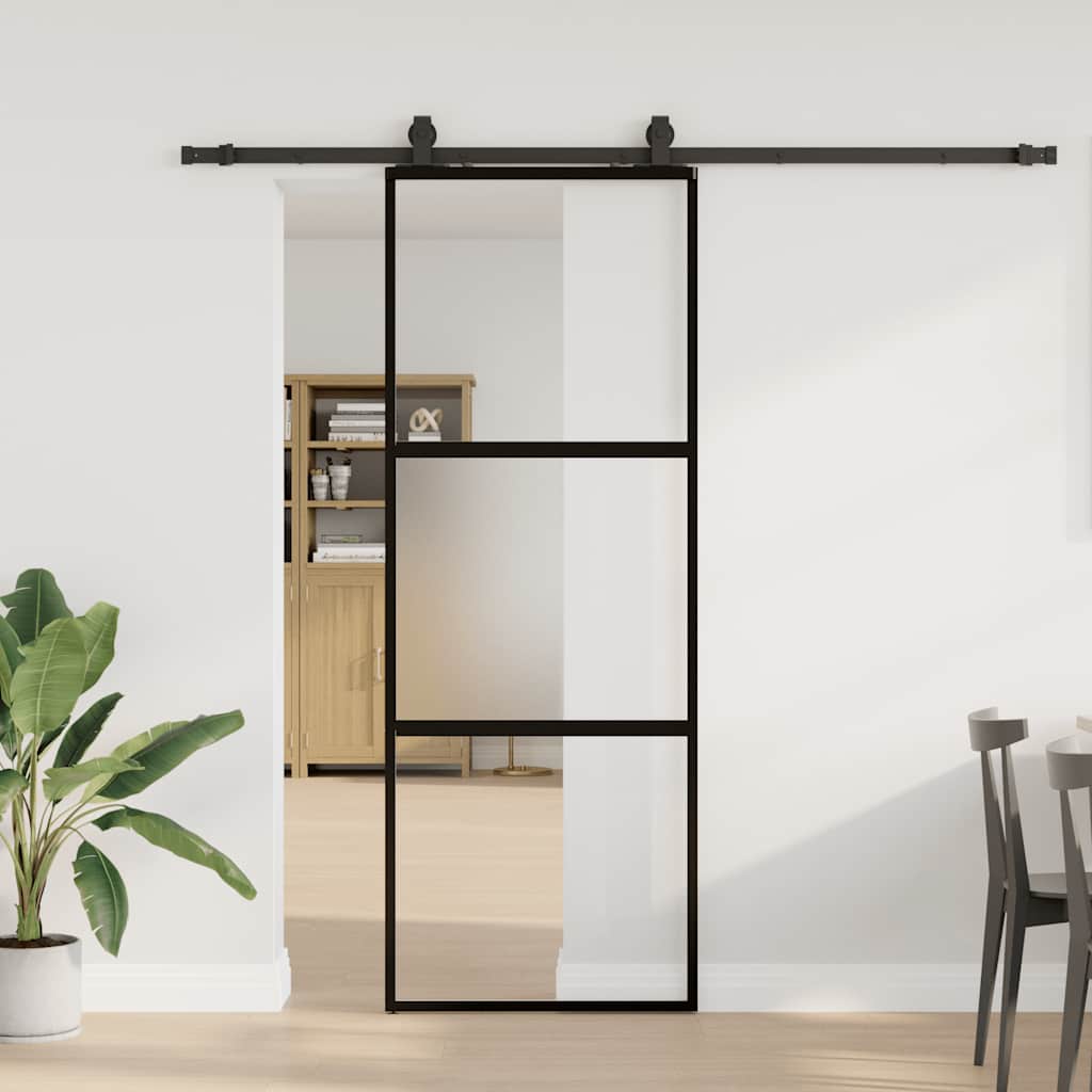 vidaXL Sliding Door with Hardware Set Black 76x205 cm Tempered Glass 1