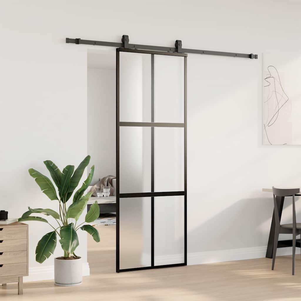 vidaXL Sliding Door with Hardware Set Black 76x205 cm Tempered Glass 3