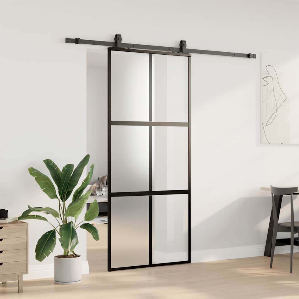 vidaXL Sliding Door with Hardware Set Black 90x205 cm Tempered Glass 3
