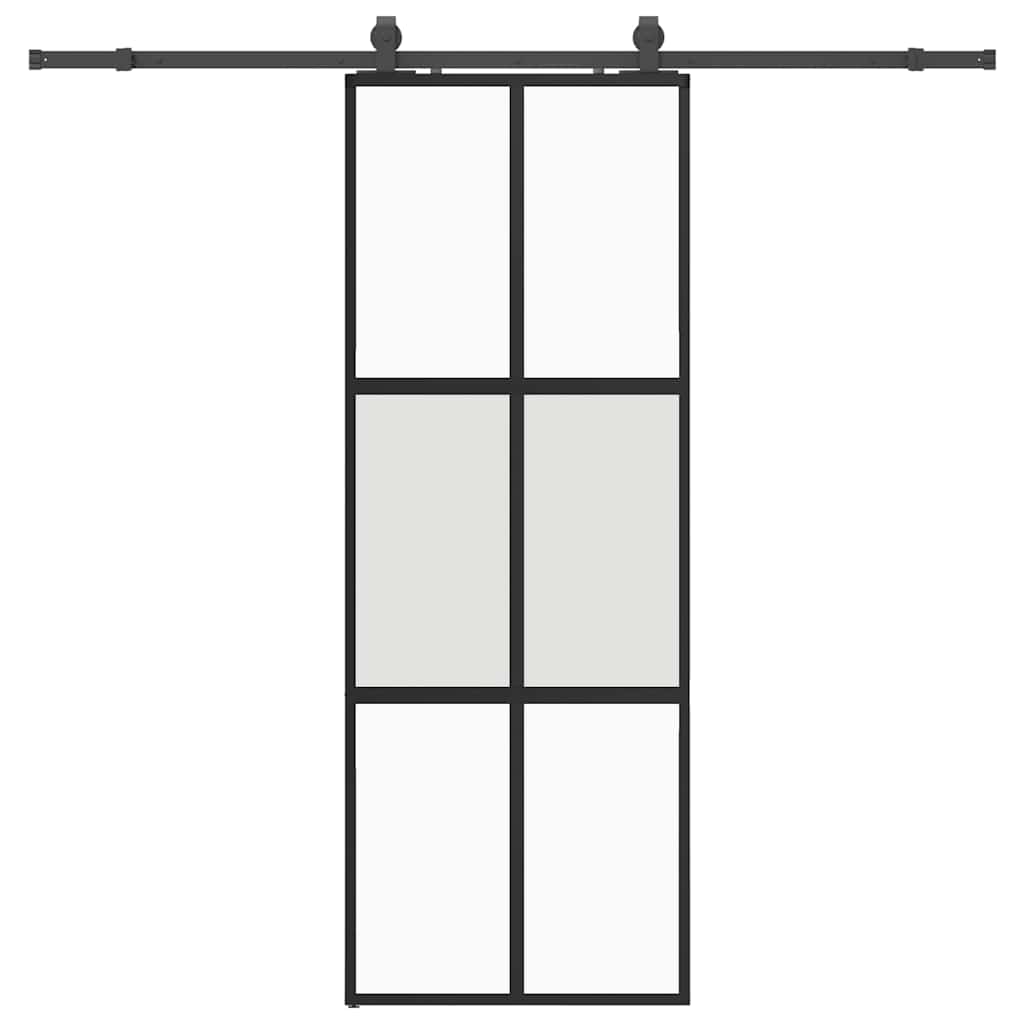 Sliding Door with Hardware Set Black 76x205 cm Tempered Glass 4x2 grids Black, matt and transparent 76 cm 213 cm sliding rail