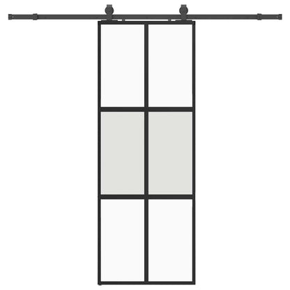 Sliding Door with Hardware Set Black 76x205 cm Tempered Glass 4x2 grids Black, matt and transparent 76 cm 213 cm sliding rail