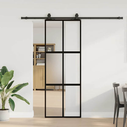 Sliding Door with Hardware Set Black 76x205 cm Tempered Glass 4x2 grids Black, matt and transparent 76 cm 213 cm sliding rail