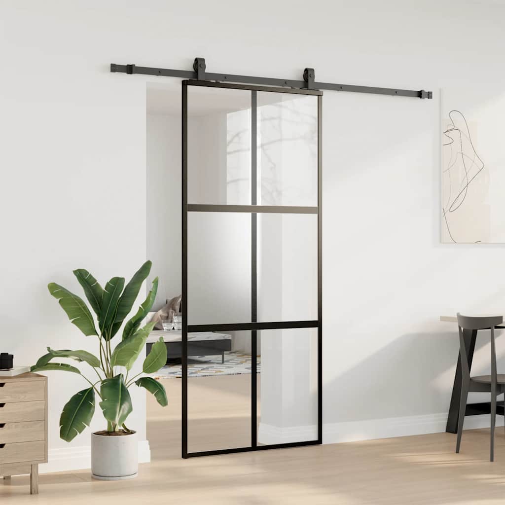 vidaXL Sliding Door with Hardware Set Black 90x205 cm Tempered Glass 3