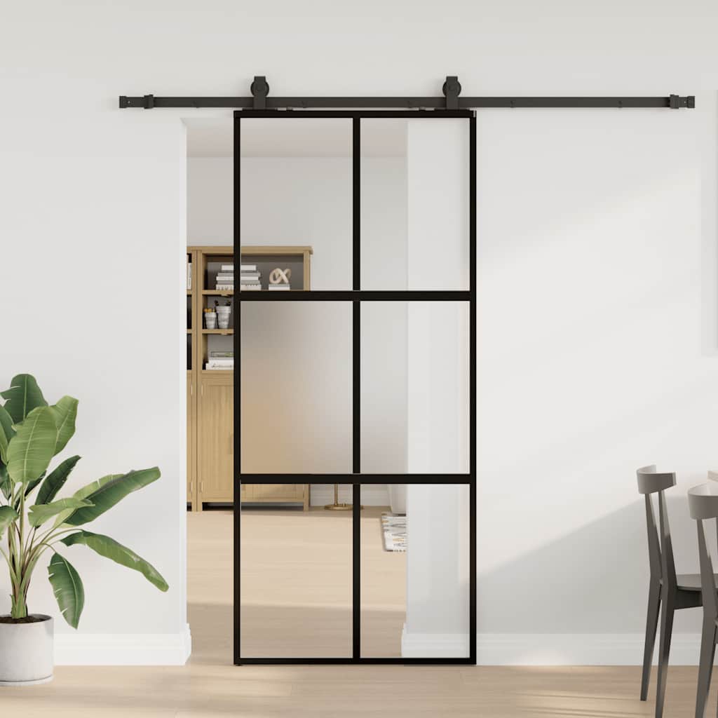 vidaXL Sliding Door with Hardware Set Black 90x205 cm Tempered Glass 1