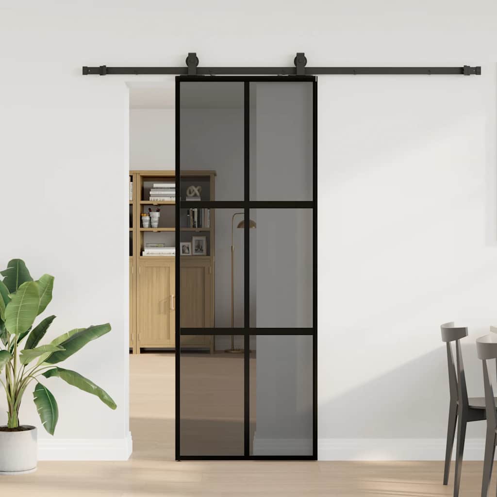 vidaXL Sliding Door with Hardware Set Black 76x205 cm Tempered Glass 1