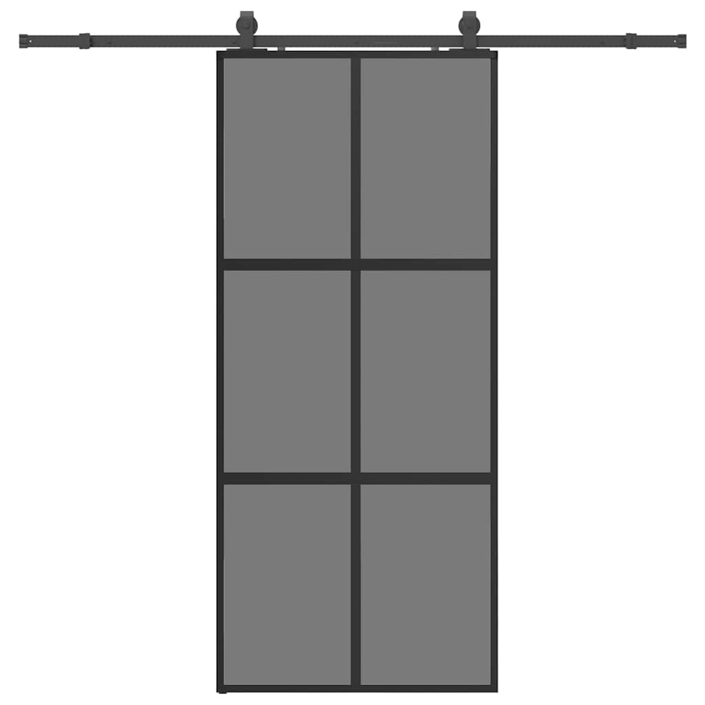 Sliding Door with Hardware Set Black 76x205 cm Tempered Glass 4x2 grids Black and dark transparent 90 cm 213 cm sliding rail