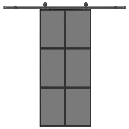 Sliding Door with Hardware Set Black 76x205 cm Tempered Glass 4x2 grids Black and dark transparent 90 cm 213 cm sliding rail