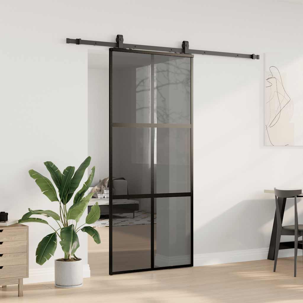Sliding Door with Hardware Set Black 76x205 cm Tempered Glass 4x2 grids Black and dark transparent 90 cm 213 cm sliding rail