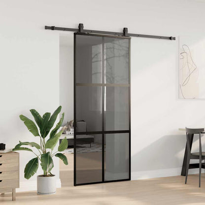 Sliding Door with Hardware Set Black 76x205 cm Tempered Glass 4x2 grids Black and dark transparent 90 cm 213 cm sliding rail