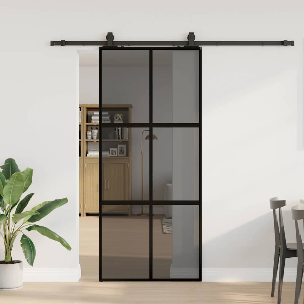 Sliding Door with Hardware Set Black 76x205 cm Tempered Glass 4x2 grids Black and dark transparent 90 cm 213 cm sliding rail