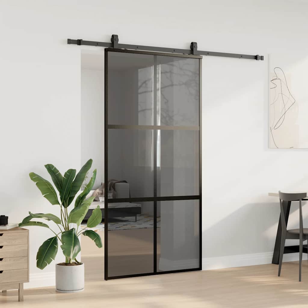 Sliding Door with Hardware Set Black 76x205 cm Tempered Glass 4x2 grids Black and dark transparent 102.5 cm 213 cm sliding rail