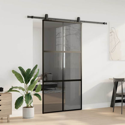 Sliding Door with Hardware Set Black 76x205 cm Tempered Glass 4x2 grids Black and dark transparent 102.5 cm 213 cm sliding rail