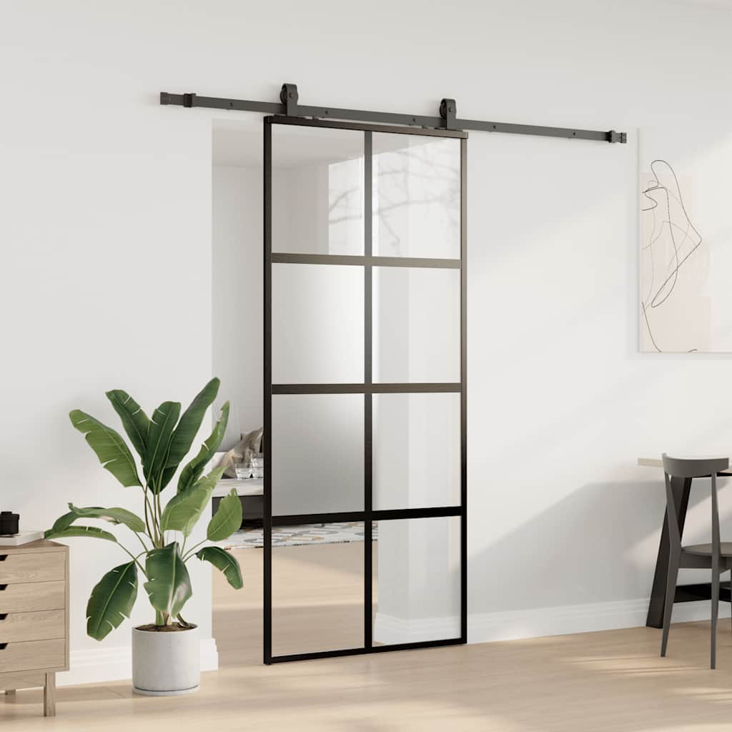 vidaXL Sliding Door with Hardware Set Black 90x205 cm Tempered Glass 3