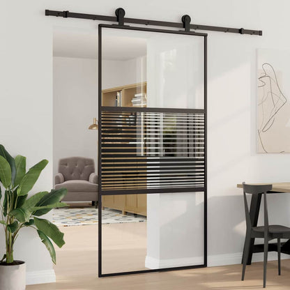 Sliding Door ESG Glass and Aluminium Black 102 x 205 cm with stripe lines design