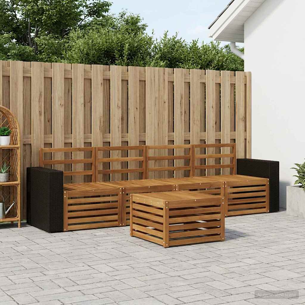 Outdoor Sofa Set 5 pcs Solid Acacia Wood Natural Metal frame with black rattan