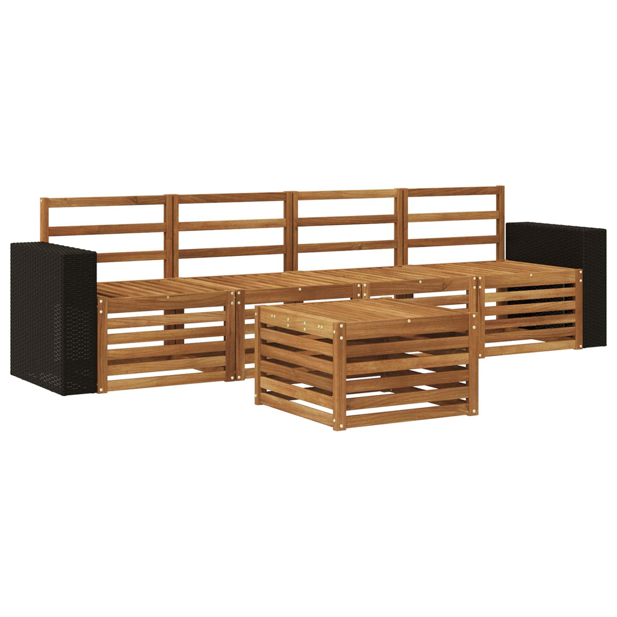 Outdoor Sofa Set 5 pcs Solid Acacia Wood Natural Metal frame with black rattan