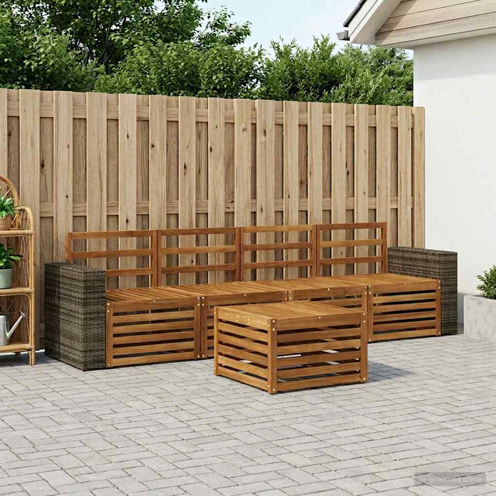 Outdoor Sofa Set 5 pcs Solid Acacia Wood Natural Metal frame with grey rattan