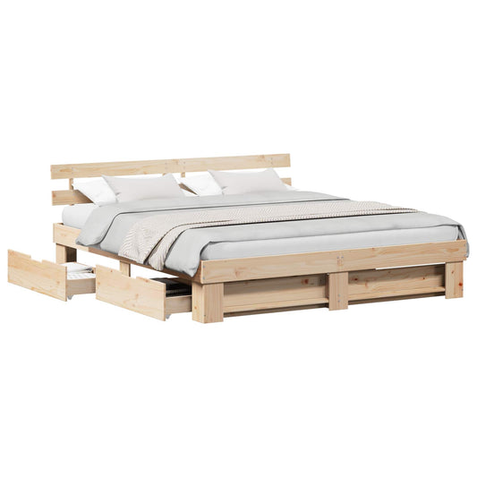 vidaXL Bed Frame with Drawer Brown 200 x 200 cm Solid Pine Wood 2