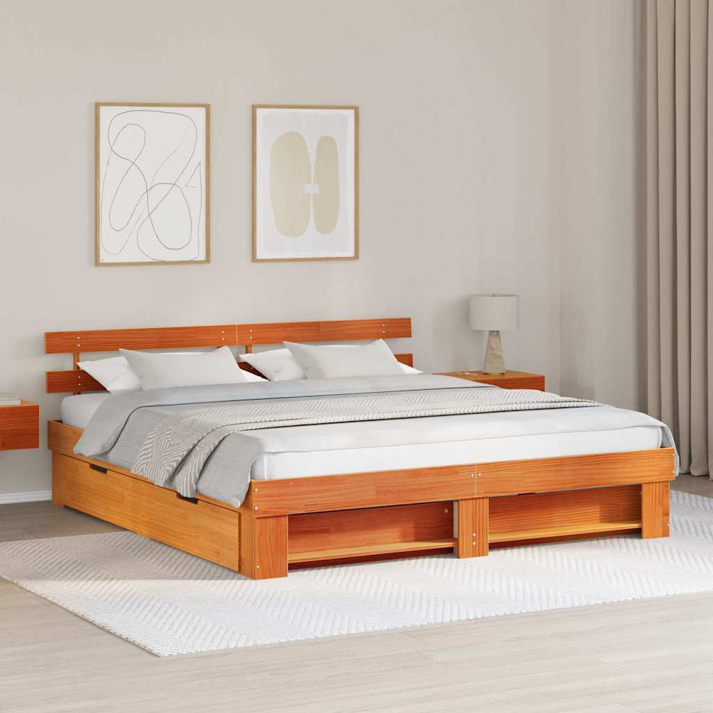 vidaXL Bed Frame with Headboard Wax Brown 180 x 200 cm Solid Pine Wood 1