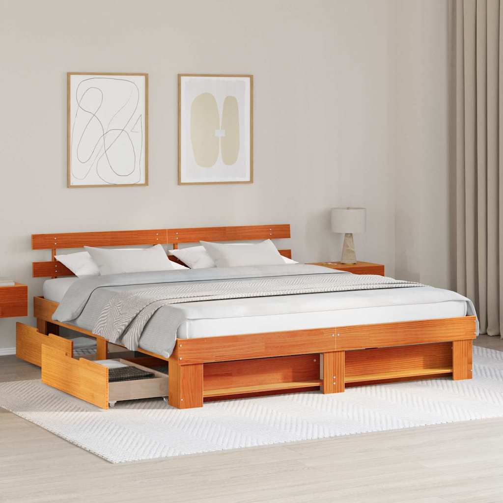 vidaXL Bed Frame with Headboard Wax Brown 180 x 200 cm Solid Pine Wood 3
