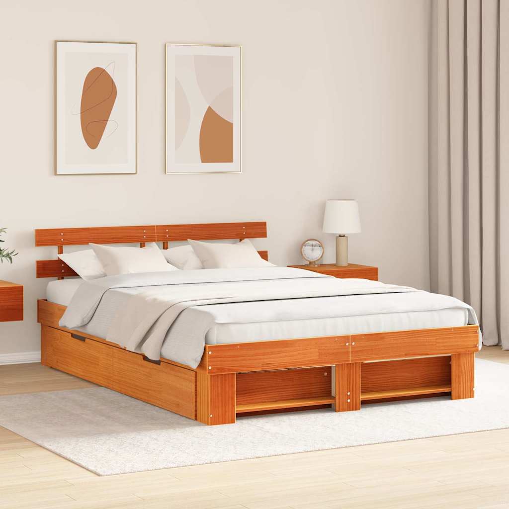 vidaXL Bed Frame with Headboard Wax Brown 160 x 200 cm Solid Pine Wood 1