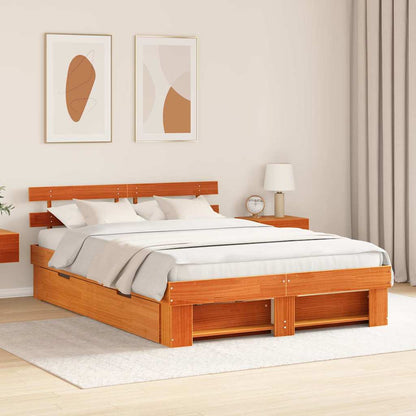 vidaXL Bed Frame with Headboard Wax Brown 160 x 200 cm Solid Pine Wood 1