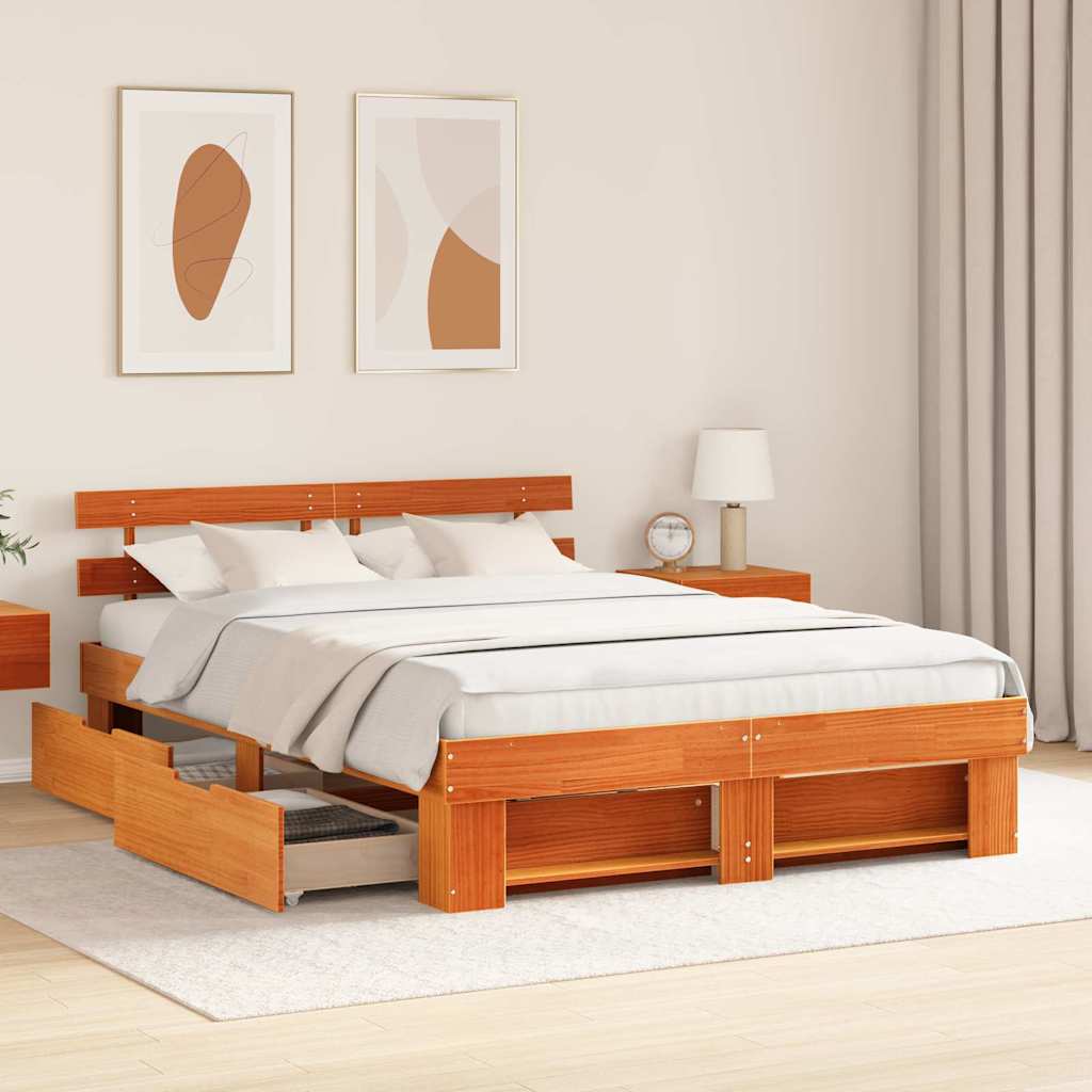 vidaXL Bed Frame with Headboard Wax Brown 160 x 200 cm Solid Pine Wood 3