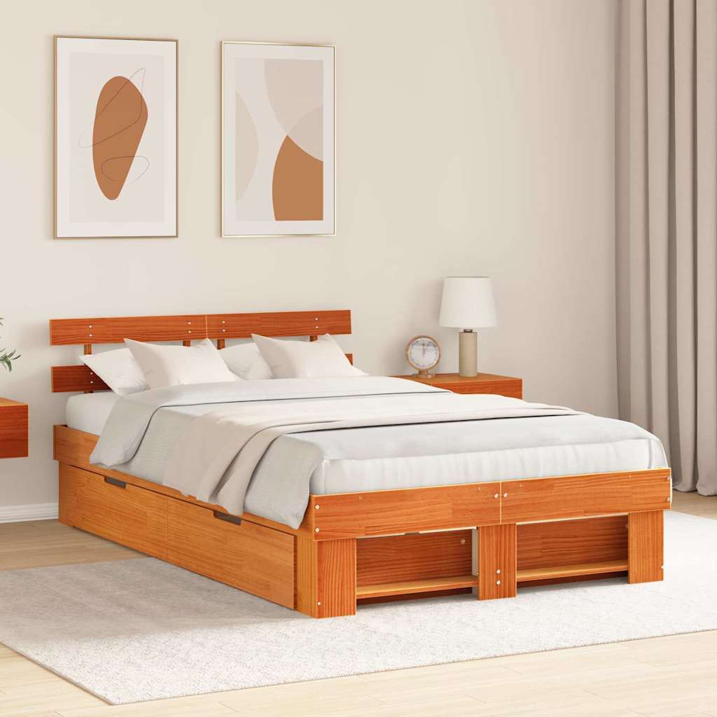 vidaXL Bed Frame with Headboard Wax Brown 120 x 190 cm Solid Pine Wood 1