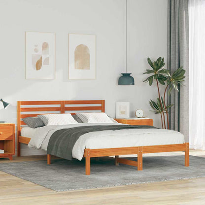 Bed Frame with Headboard Solid Pine Wood Wax Brown Length 220 cm 140 cm