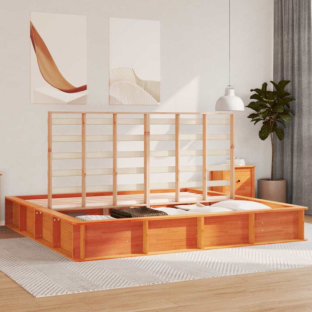 vidaXL Bed Frame Wax Brown 200 x 200 cm Solid Pine Wood 3